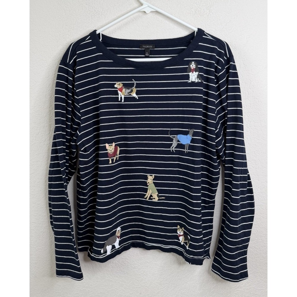 Talbots Dog Print Striped Long Sleeve Shirt Top‎ XL Navy Cotton Coastal Nautical